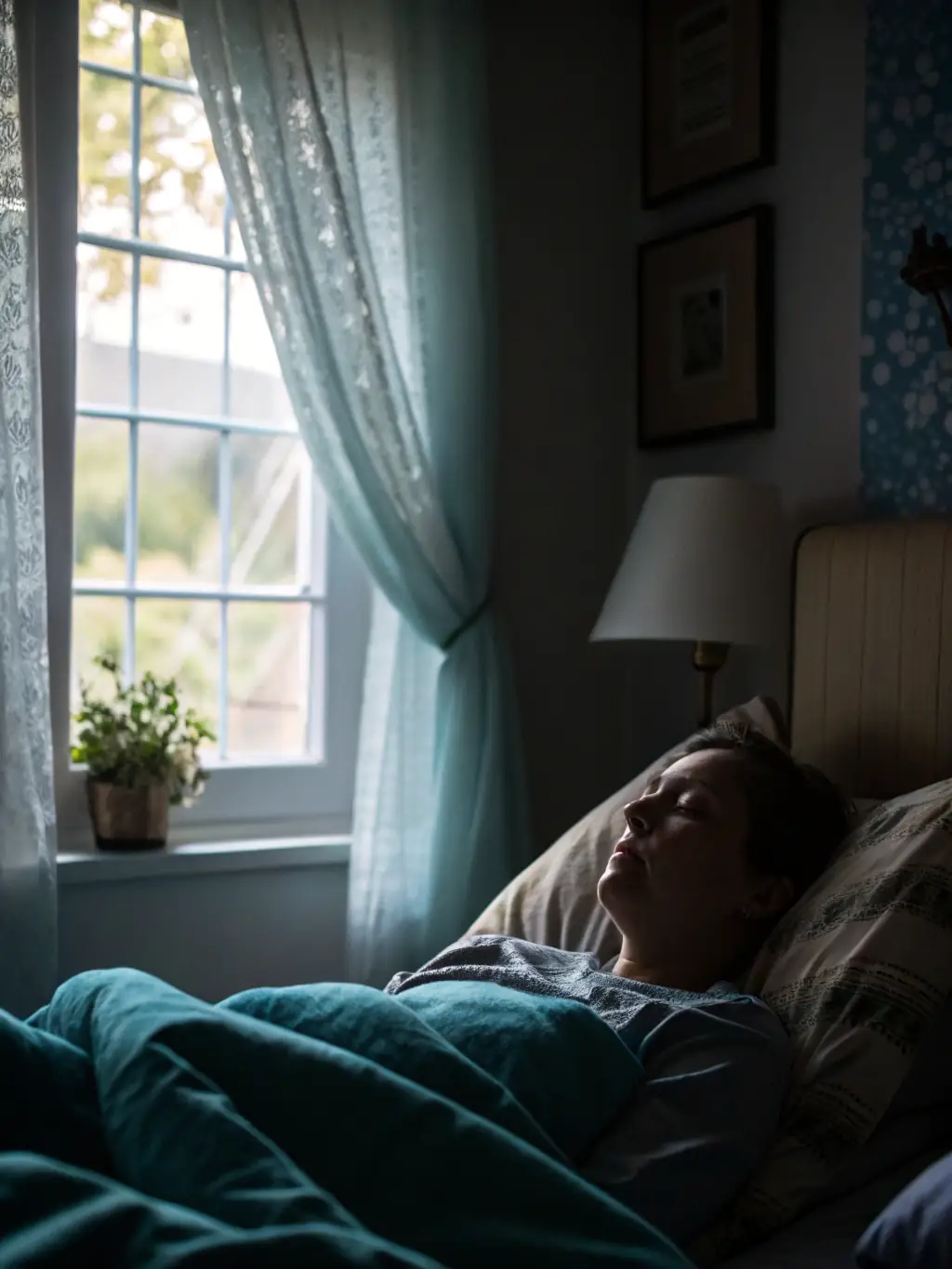 A person sleeping soundly and peacefully in a dark room, with a gentle smile on their face, indicating restful and rejuvenating sleep.