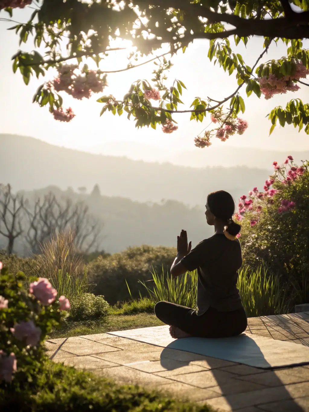 A person practicing yoga outdoors, surrounded by lush greenery, demonstrating stress reduction and improved overall well-being.