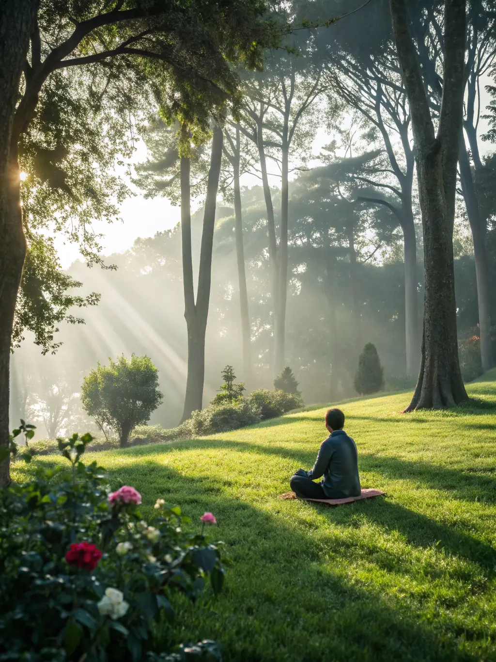 A person meditating peacefully in a serene environment, with soft, natural light filtering through the trees, promoting a sense of calm and relaxation.